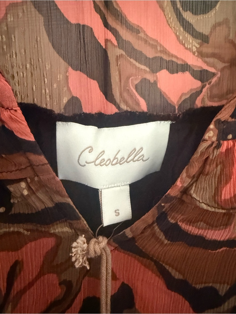 NWT Cleobella Octavia Blouse High Neck Tie Ruffles Brown Orange Boho Size Small - Picture 6 of 12